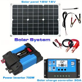 Solar Power Set 1pc 18W18V Solar Panel Waterproof Cell; 1pc 30A Charger Controller; 1pc 700W Power Inverter DC12V To AC110V Car Battery Charge; Blue