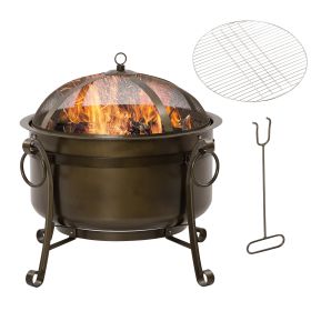 Outsunny 30" Outdoor Fire Pit Grill, Portable Steel Wood Burning Bowl, Cooking Grate, Poker, Spark Screen Lid for Patio, Backyard, BBQ, Camping, Bronz